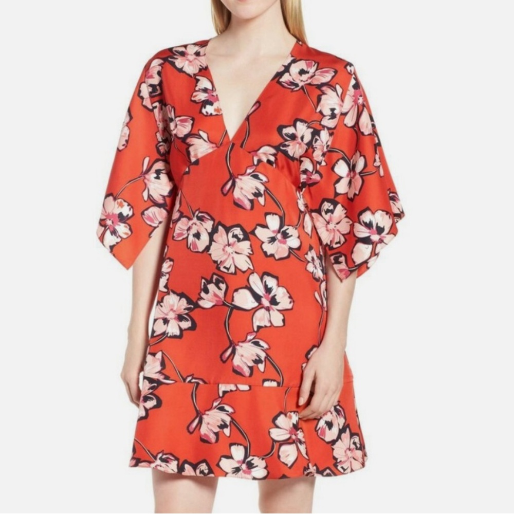 Lewit kimono Red and Pink Silk floral mini Dress size 10